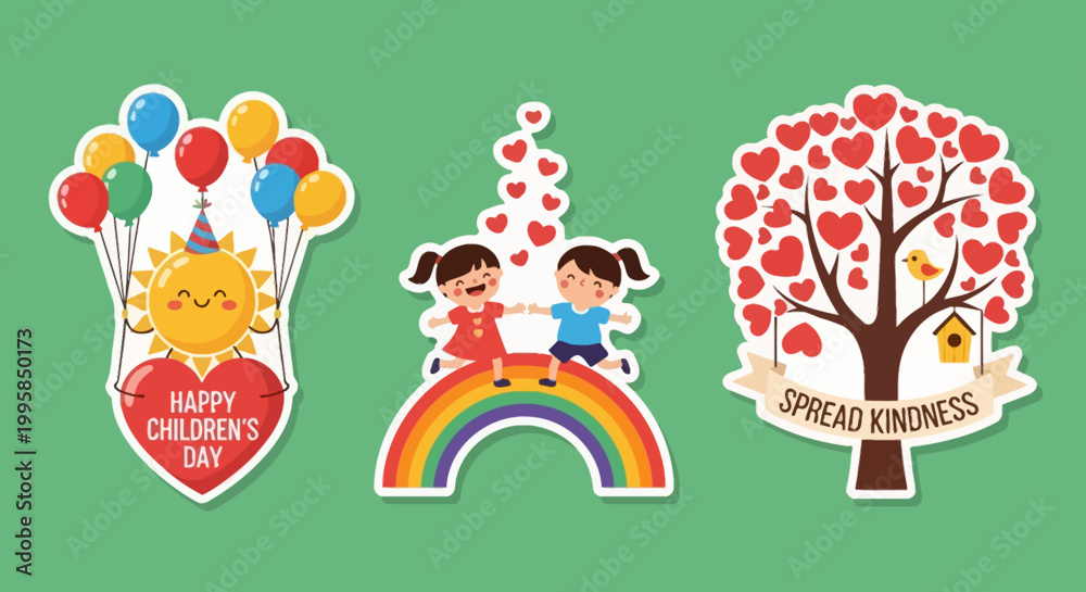 Obraz premium Joyful Childrens Day Stickers Featuring Balloons, Rainbow, and Hearts.