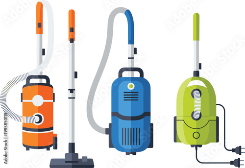 Colorful Vacuum Cleaner Set with Orange Blue and Green Flat Design Home Appliance Vector Icons for Cleaning Concept