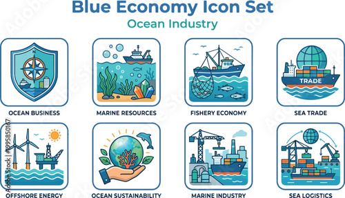 Blue Economy Icon Set – Ocean Industry, Marine Resources, Fishery Economy, Offshore Energy Flat Vector Illustration