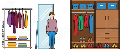 Wardrobe and Clothing Rack Set with Mirror Dresser Shoes and Organized Closet Flat Vector Illustration for Fashion and Home Interior