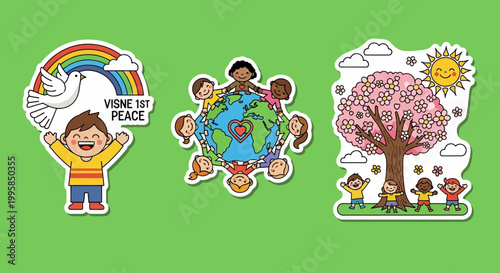 Joyful Child Embracing Peace Symbol with Rainbow and Dove.