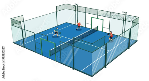 Illustration of a Padel tennis court with players engaging in a match, showcasing the enclosed nature of the game