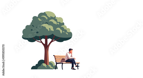 A lone man sits on a park bench under the shade of a large tree, contemplating life in peaceful solitude