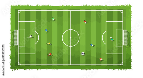 A vibrant top-down view of a soccer match in progress, showcasing players on a green field with goalposts