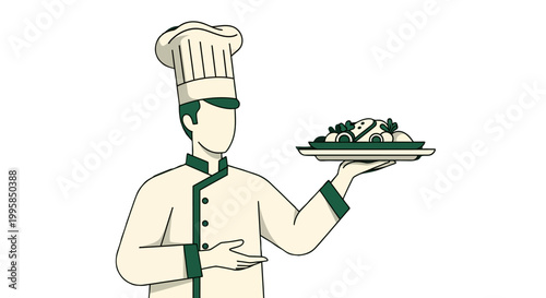 A culinary artist in chef attire presents a meticulously prepared dish on a silver tray, showcasing gastronomic excellence