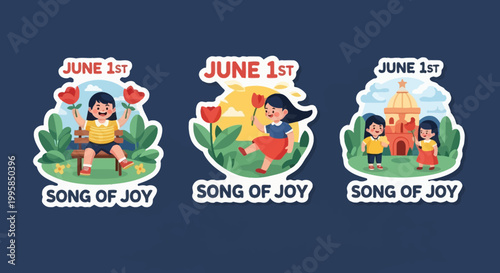 Joyful Children Celebrating June 1st with Song and Flowers.