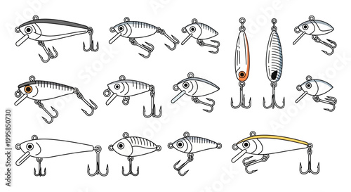 Collection of fishing lures in various shapes, sizes, and styles, designed to attract fish