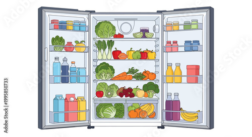 Modern open refrigerator illustration, neatly stocked with colorful fresh fruits, healthy vegetables, and refreshing beverages, symbolizing a balanced diet and organized kitchen storage