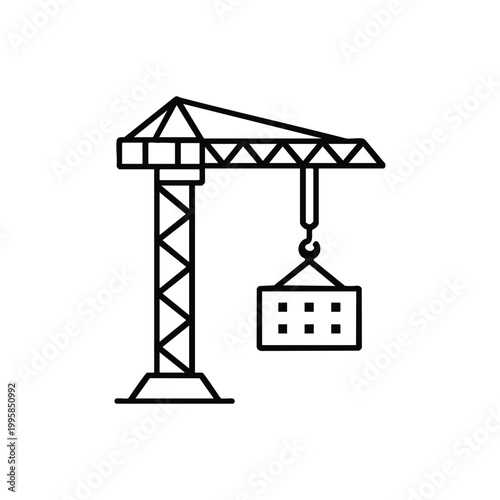 Tower crane lifting building block black and white vector icon for construction infrastructure and industrial development