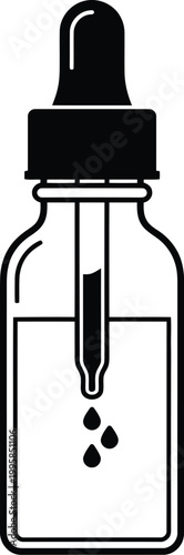 Glass dropper bottle silhouette with liquid and falling drops for healthcare and medicine marketing