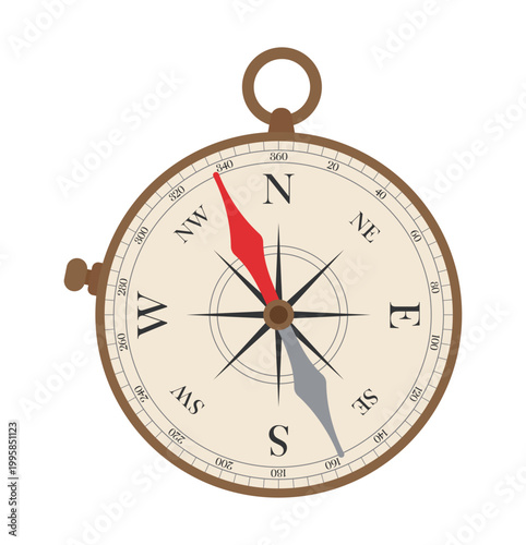 Vintage analog compass illustration with brown frame and red needle. Classic navigation tool vector for travel, adventure, and exploration design isolated on white background.