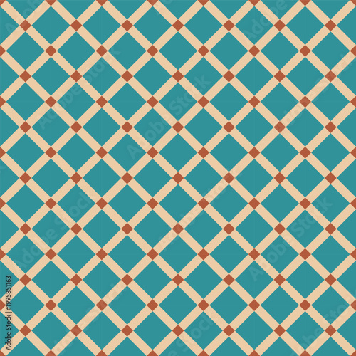 Vintage diamond geometric seamless pattern with teal, beige, and brown colors. Classic grid texture for wallpaper, textile, and retro packaging design.