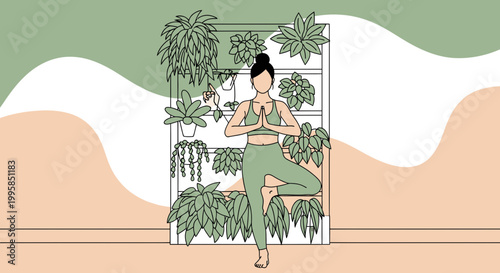 Woman Meditating in Tree Pose Amidst Lush Greenery, Yoga and Wellness