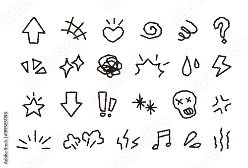 Hand-drawn doodle icon set of emotional symbols and graphic effects. Black ink style illustrations of hearts, stars, arrows, and speech bubbles isolated on white background.