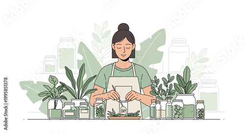Woman preparing herbs and plants in jars, surrounded by greenery and jars, eco-friendly lifestyle