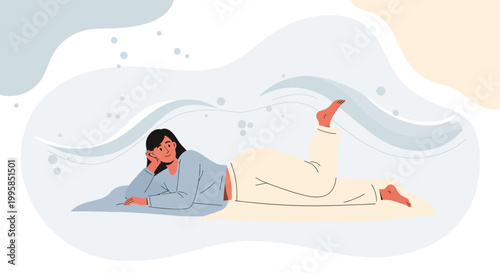 Woman relaxing on floor, abstract background, calm mood, pastel colors