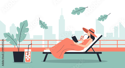 Woman Relaxing on Sun Lounger Reading Book with Drinks on Rooftop Terrace City View