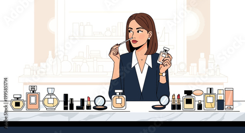 Woman testing perfume, surrounded by cosmetics and fragrances on display