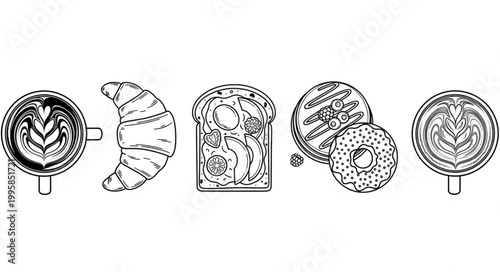 Collection of breakfast pastries and coffee drinks in line art style.