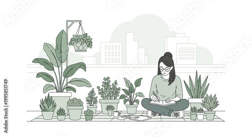 Woman Tending to Potted Plants on Balcony with Cityscape Background