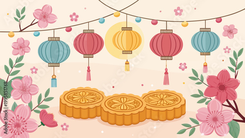 Midautumn festival background with mooncakes, traditional lanterns and cherry blossoms, vector illustration for greeting card or poster