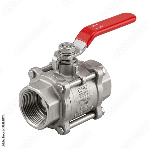 Shiny Metallic Stainless Steel Ball Valve With A Bright Red Handle Isolated On A White Background In A Studio Shot
