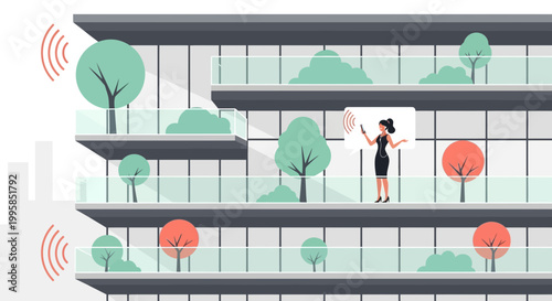 Woman using smartphone on balcony with smart building technology and green trees