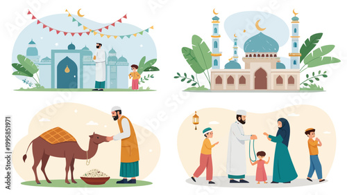 Set of illustrations depicting muslim families celebrating eid aladha, including prayer at the mosque, caring for a camel, and festive family gatherings