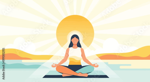 Woman practices yoga on a serene beach at sunrise with calm water