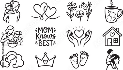 Set of mother’s day hand drawn elements isolated on transparent background for your design.