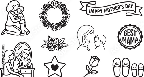 Mother and baby embrace, heart, flowers, happy mothers day banner, best mama emblem, footprints.