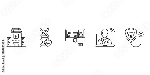 Medical icon set featuring hospital building DNA genetics medicine cabinet telehealth and pediatric stethoscope vector illustration for healthcare design.