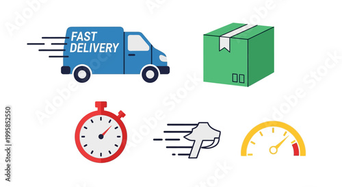 Fast delivery service icons with truck clock and speedometer.