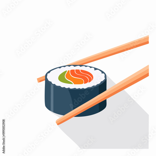 Sushi roll with salmon and avocado held by chopsticks