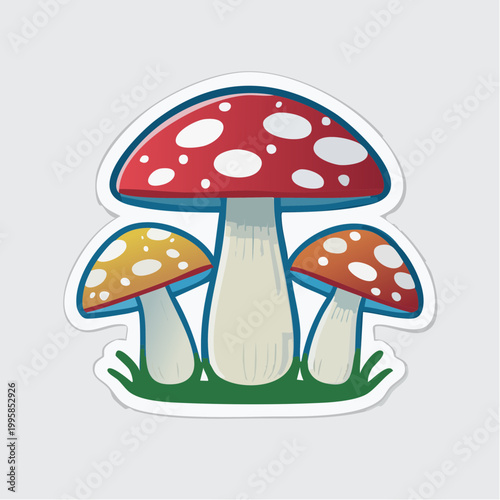 Cartoon illustration of three colorful mushrooms on grass