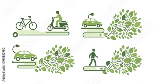 Eco friendly transportation and leafy green environment icons.
