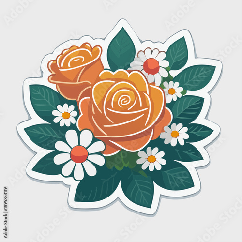 Orange Roses and Daisies Floral Arrangement Sticker