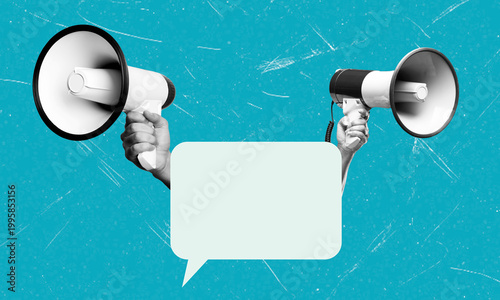Art collage featuring megaphones against a blue background displaying a blank speech bubble for modern communication themes