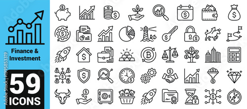 Finance and Investment Icon Set with Business Growth Strategy, Stock Market Bull, Wealth Management, Banking Security, Financial Analysis, Corporate Success, and Money Savings.