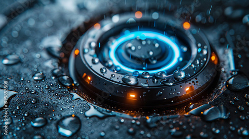 High-Tech Futuristic Electric Vehicle Charging Port with Blue Neon Ring and Raindrops in the Dark.