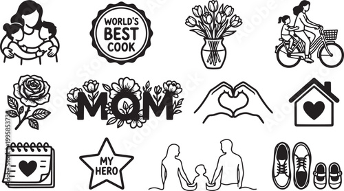 Best mom celebration vector elements including bicycle ride flowers home and star for holiday gifts.