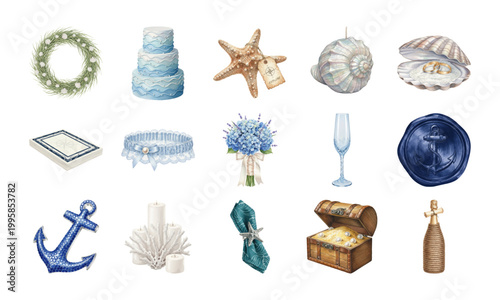 Watercolor seaside wedding collection with blue hydrangea and seashells