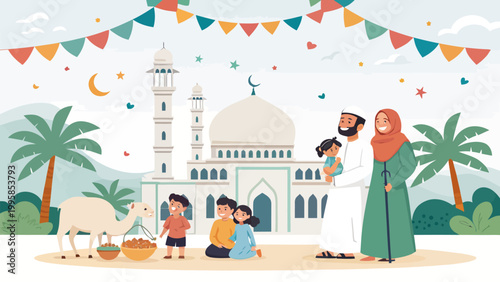 Happy muslim family celebrating eid aladha with a camel and mosque in the background, festive bunting and stars illustration