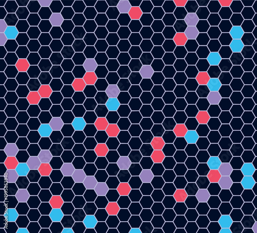 Abstract Hexagon Grid Pattern: Interconnected Honeycomb Mosaic Design on Dark Background for Science Visualization, Tech Presentation, or Game Interface. Geometric Structure with Colorful Shapes for W