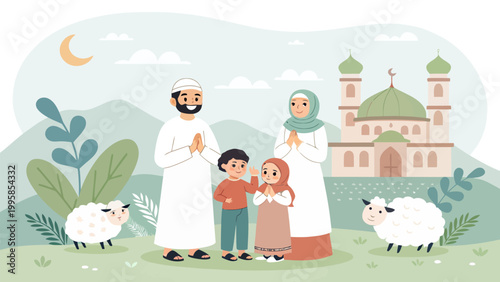 Happy muslim family celebrating eid aladha with sheep in front of a mosque, vector illustration of a father, mother, son, and daughter