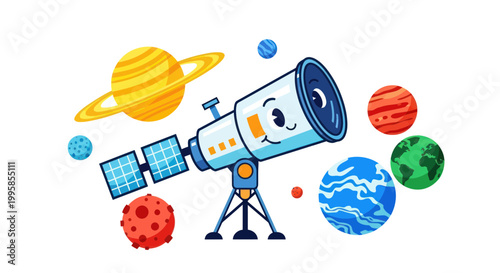 Cute Cartoon Telescope Observing Planets and Stars in Space