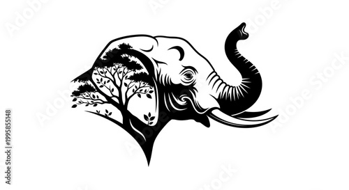 Foto Elephant Head Silhouette with Tree and Moon