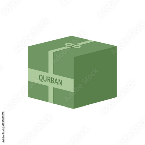 Green Qurban Gift Box with Ribbon, Islamic Holiday Sacrifice Concept