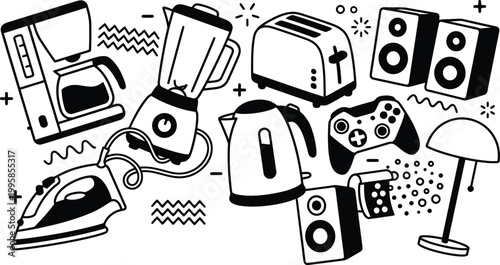 Modern home appliance icons set featuring kitchen and entertainment electronics for web design