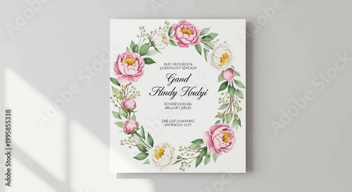 Elegant Floral Wedding Invitation Card with Peonies and Greenery Wreath